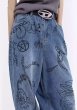 画像5:  graffiti wide-leg denim pants   ユニセックス 男女兼用グラフィックプリントワイドレッグ デニムジーンズ  パンツ  (5)