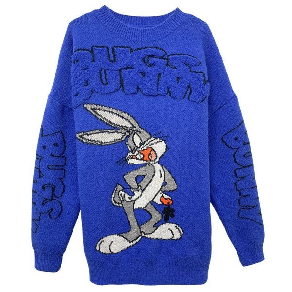 画像1: New 24 Bugs Bunny Big Character Big Logo Blue Sweater Knit Dress バックスバニー ビッグ　キャラター　ビッグ　ロゴ　セーター ニット 　ドレス　ワンピース (1)