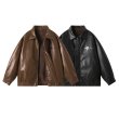 画像1: men's plush leather star one point jacket　ユニセックス 男女兼用スター星ワンポイントレザージャケットコート (1)