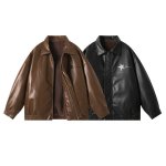 画像1: men's plush leather star one point jacket　ユニセックス 男女兼用スター星ワンポイントレザージャケットコート (1)