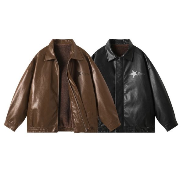 画像1: men's plush leather star one point jacket　ユニセックス 男女兼用スター星ワンポイントレザージャケットコート (1)