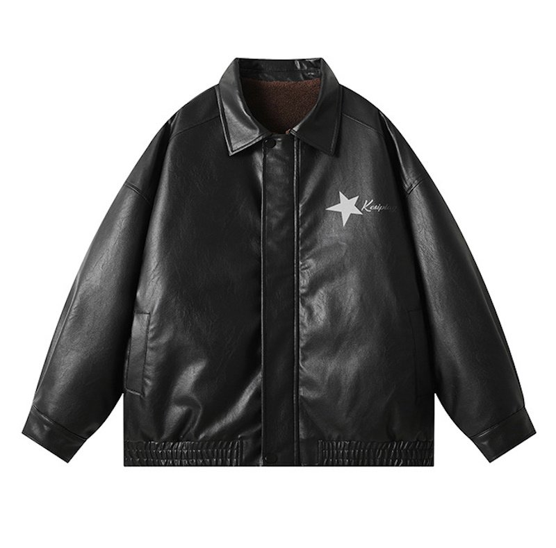 画像2: men's plush leather star one point jacket　ユニセックス 男女兼用スター星ワンポイントレザージャケットコート (2)