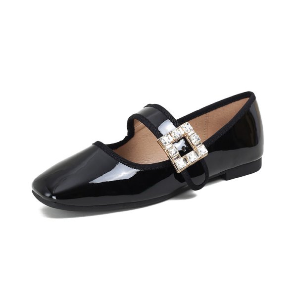 画像1: Women’s Rhinestone square buckle ballet flats pumps フラットラインストーン付きフラットパンプス　バレーシューズ (1)