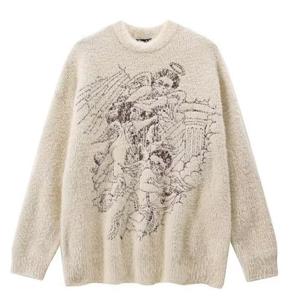 画像1: angel graphic round neck sweater　ユニセックス 男女兼用 エンジェル グラフィックラウンドネックセータープルオーバ (1)