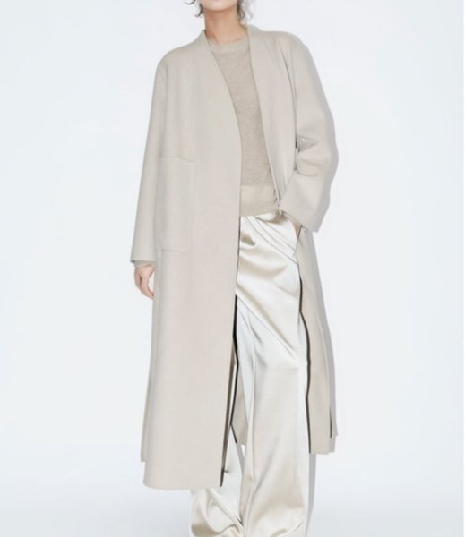 画像1: Women's off-white double-sided woolen long coat 　ロング丈VネックシンプルAラインコート ジャケット (1)
