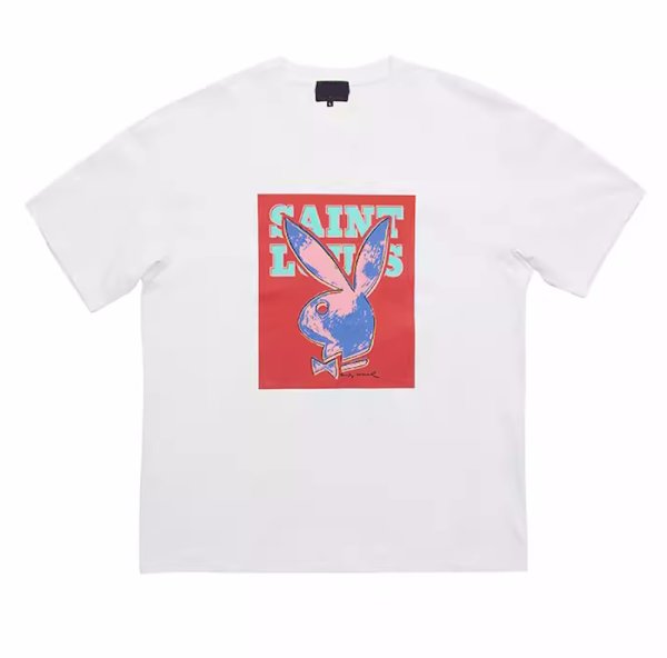 画像1: rabbit playboy print round neck short sleeve t-shirt  ユニセックス 男女兼用 ラビットウサギプリント半袖tシャツプリント  (1)