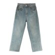 画像1: light blue raw edge straight jeans high waist nine-pointJEANS Denim Pants   ライトブルー9分丈ハイウエストストレートデニム パンツ ジーンズ (1)