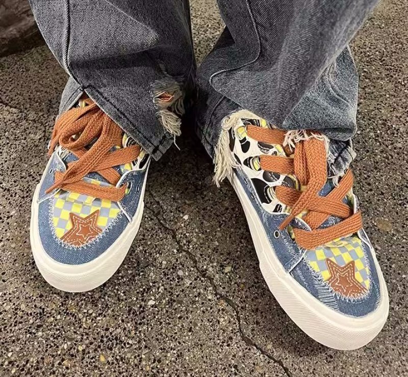 画像2: Block check & star emblem skateboard shoes lace-up  sneakers shoes 男女兼用 ユニセックスブロックチェック＆スターエンブレム スケートボードシューズレースアップ スニーカー シューズ (2)