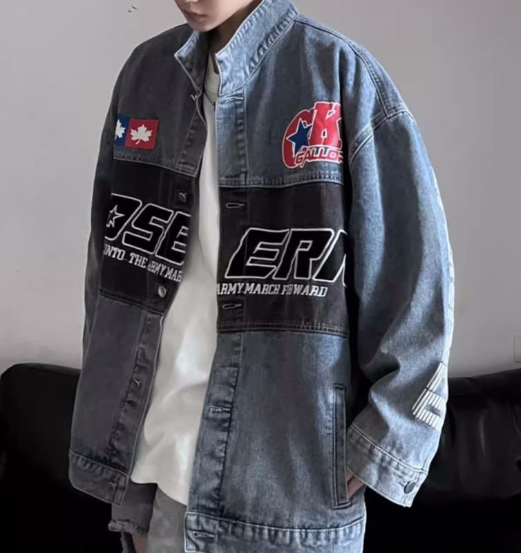 画像6: hiphop bomber jacket Denim JacketG Jacket 　ユニセックス 男女兼用スタンドカラーデニムオーバーサイズGジャンジャケットスタジャンスタジアムジャンバー (6)