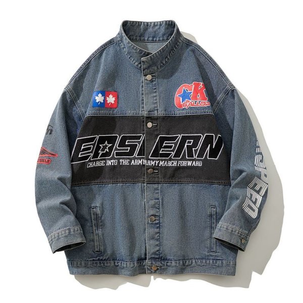 画像1: hiphop bomber jacket Denim JacketG Jacket 　ユニセックス 男女兼用スタンドカラーデニムオーバーサイズGジャンジャケットスタジャンスタジアムジャンバー (1)