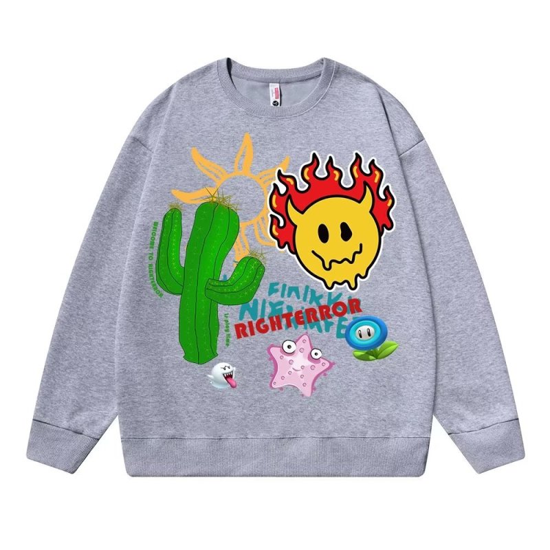 画像4:  Unisex Smile & Cactus graphic sweatshirt print sweatshirt 男女兼用  ユニセックス カクタスサボテン×スマイルグラフィック 長袖スウェット トレーナー (4)
