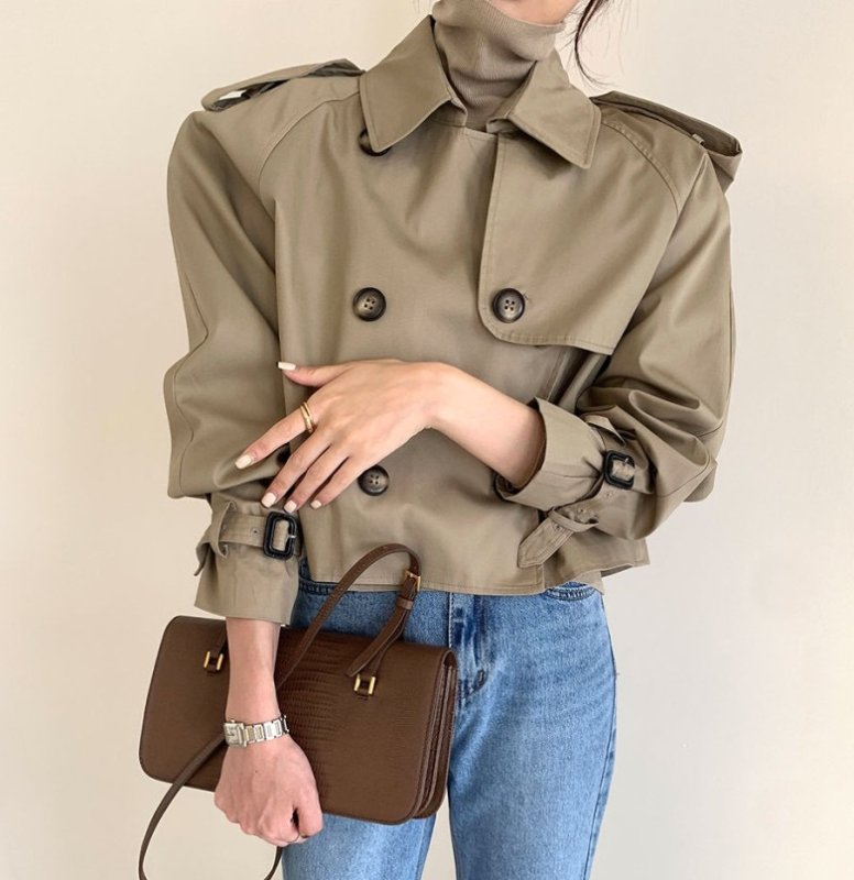 画像3: Women's British lapel double-breasted short long-sleeved windbreaker jacket coat  ブリティッシュブリティッシュダブルショートトレンチコート ジャケット (3)