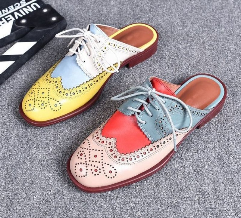 画像6: Women’s Wingtip bicolor leather flat half sandals pump shoes ウイングチップバイカラーレザーフラットハーフサンダルローヒールパンプスシューズ (6)