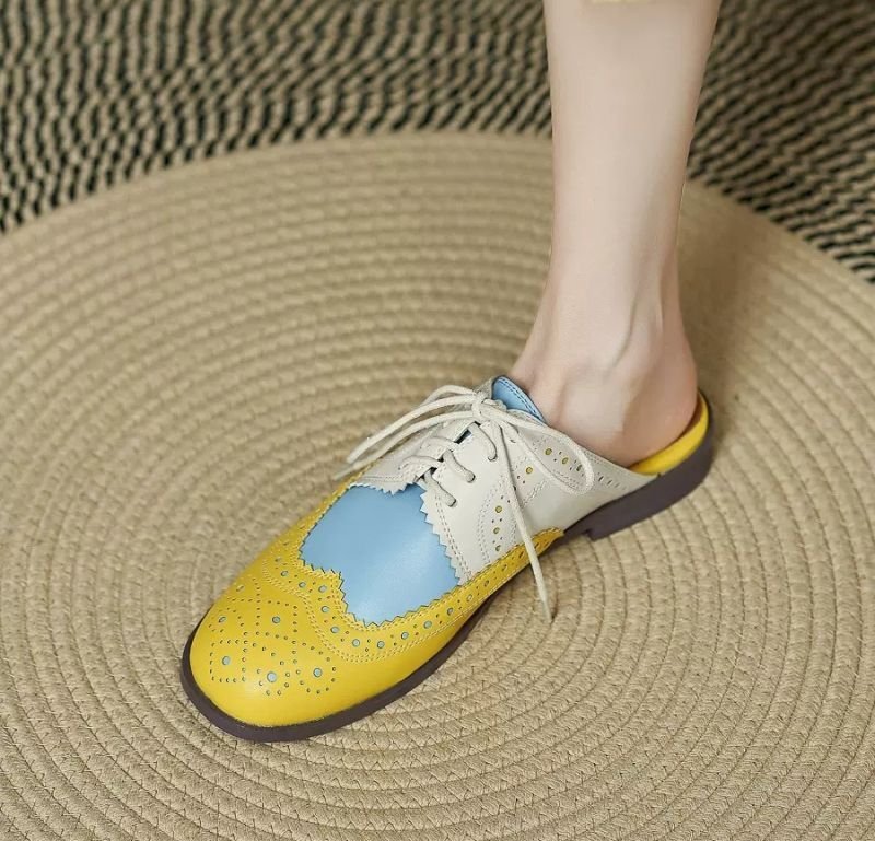 画像3: Women’s Wingtip bicolor leather flat half sandals pump shoes ウイングチップバイカラーレザーフラットハーフサンダルローヒールパンプスシューズ (3)