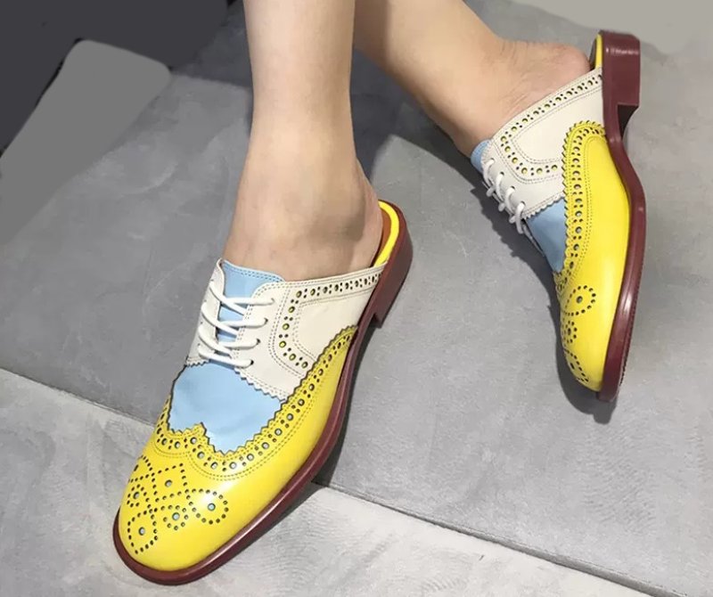 画像7: Women’s Wingtip bicolor leather flat half sandals pump shoes ウイングチップバイカラーレザーフラットハーフサンダルローヒールパンプスシューズ (7)