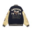 画像2: bee embroidery leather sleeves baseball jacket stadium jacket baseball uniform blouson  ユニセックス 男女兼用蜂ビー刺繍スタジアムジャンパー ダウンジャケット スタジャン MA-1 ボンバー ジャケット ブルゾン (2)