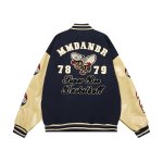 画像2: bee embroidery leather sleeves baseball jacket stadium jacket baseball uniform blouson  ユニセックス 男女兼用蜂ビー刺繍スタジアムジャンパー ダウンジャケット スタジャン MA-1 ボンバー ジャケット ブルゾン (2)