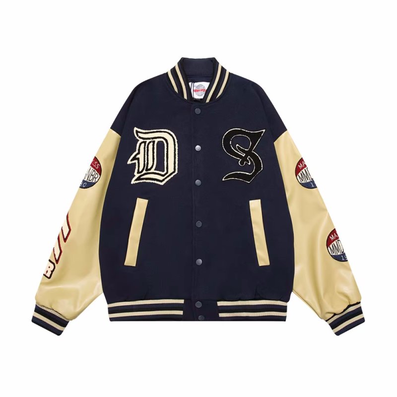 画像4: bee embroidery leather sleeves baseball jacket stadium jacket baseball uniform blouson  ユニセックス 男女兼用蜂ビー刺繍スタジアムジャンパー ダウンジャケット スタジャン MA-1 ボンバー ジャケット ブルゾン (4)