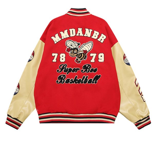 画像1: bee embroidery leather sleeves baseball jacket stadium jacket baseball uniform blouson  ユニセックス 男女兼用蜂ビー刺繍スタジアムジャンパー ダウンジャケット スタジャン MA-1 ボンバー ジャケット ブルゾン (1)