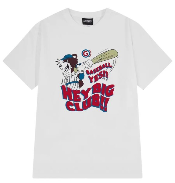 画像1: hey big club baseball print Round Neck Short Sleeve T-Shirt　ユニセックス男女兼用ベースボールクラブウルフプリント  ラウンドネック半袖 Tシャツ (1)