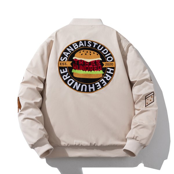 画像1: burger embroidered flocking trendy jacket stadium jacket baseball uniform jacket blouson ユニセックス 男女兼用バーガーハンバーガー刺繍 ベースボールジャケット スタジャン  (1)
