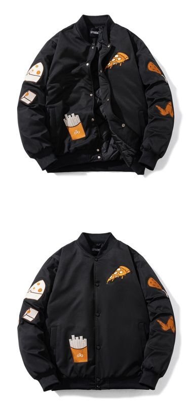 画像10: burger embroidered flocking trendy jacket stadium jacket baseball uniform jacket blouson ユニセックス 男女兼用バーガーハンバーガー刺繍 ベースボールジャケット スタジャン  (10)