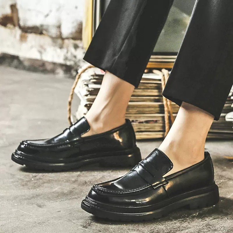 画像3: Men's loafers black leather with chunky sole チャンキーソール 厚底 シークレットインソール レザーローファー  (3)