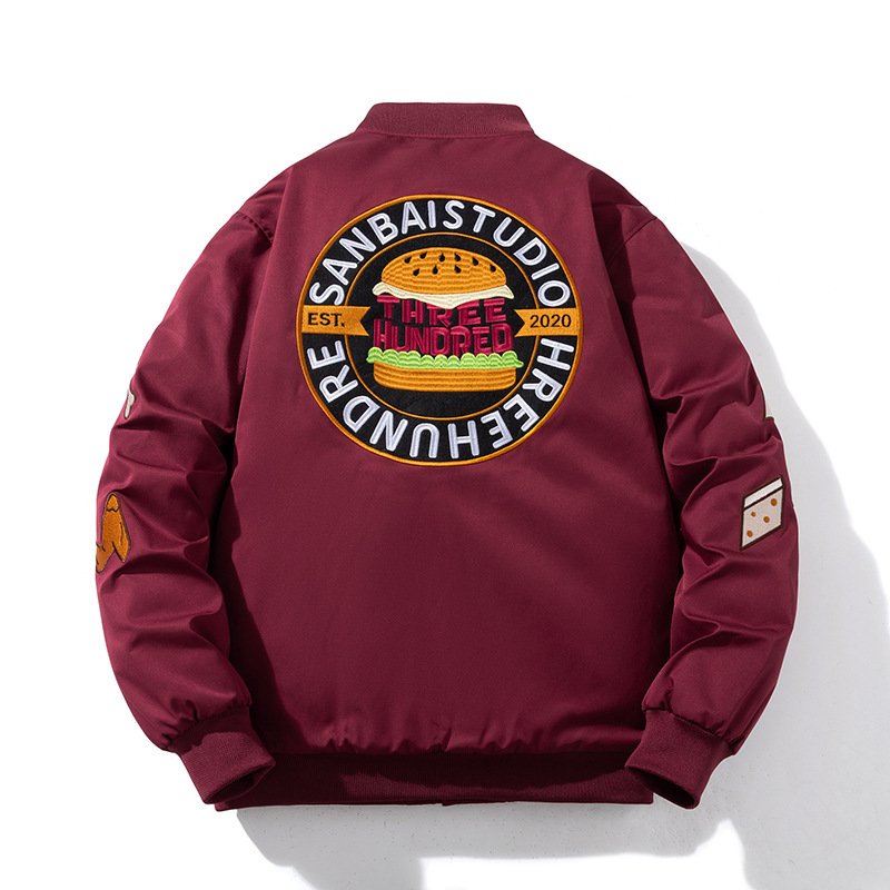 画像2: burger embroidered flocking trendy jacket stadium jacket baseball uniform jacket blouson ユニセックス 男女兼用バーガーハンバーガー刺繍 ベースボールジャケット スタジャン  (2)