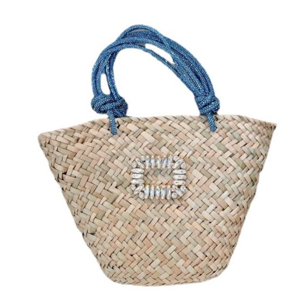 画像1: diamond shiny woven straw vegetable basket shopping bag clutch bag　クリスタル付きロープハンドル トートストローかご籠バッグ (1)