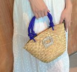 画像14: diamond shiny woven straw vegetable basket shopping bag clutch bag　クリスタル付きロープハンドル トートストローかご籠バッグ (14)