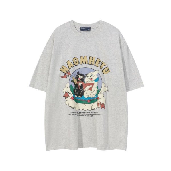 画像1: American retro cartoon letter short-sleeved T-shirt　 ユニセックス男女兼用レトロキャット＆ドッグプリント半袖 Tシャツ (1)