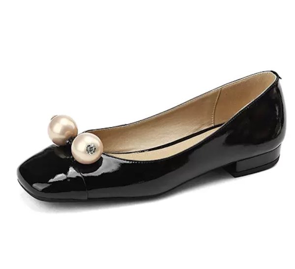 画像1: Women’s with pearl French square toe  enamel low heel flat pumps ballerina shoes 　パール付きローヒールエナメルフレンチパンプスバレーバレリーナシューズ (1)
