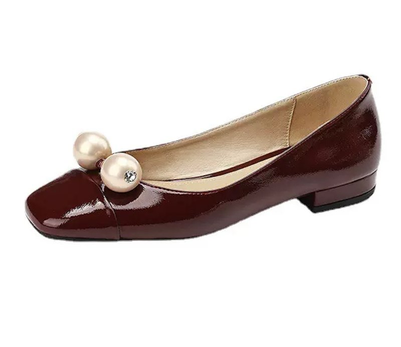画像2: Women’s with pearl French square toe  enamel low heel flat pumps ballerina shoes 　パール付きローヒールエナメルフレンチパンプスバレーバレリーナシューズ (2)