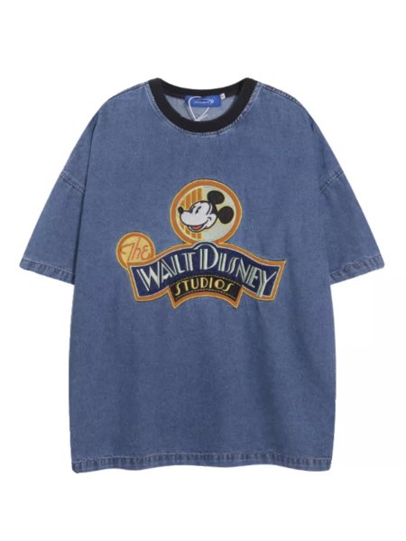 画像1: Unisex Vintage Design Mickey Mouse WALT DISNEY STUDIOS LOGO  Denim T-shirt  男女兼用 ユニセックス ヴィンテージ デザイン ミッキーマウス ミッキー デニム Tシャツ  (1)