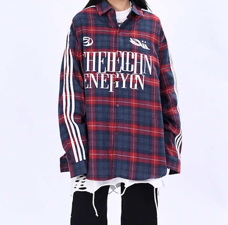 画像4: red plaid long-sleeved shirt 　 ユニセックス男女兼用3ラインチェック長袖シャツ (4)