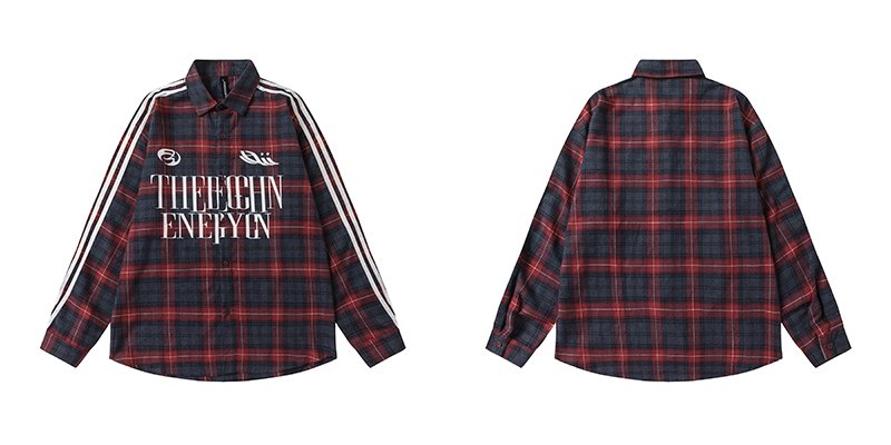 画像3: red plaid long-sleeved shirt 　 ユニセックス男女兼用3ラインチェック長袖シャツ (3)