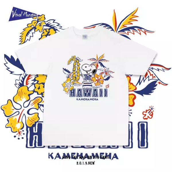 画像1: Unisex Vintage Design Snoopy HAWAII KAMEHAMEHA LOGO T-shirt  男女兼用 ユニセックス ヴィンテージ デザイン スヌーピー ハワイ カメハメハ ロゴ Tシャツ (1)