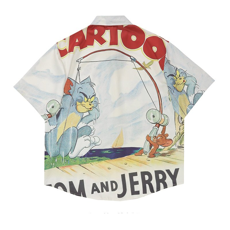 画像4: tom and jerry print aloha shirt short sleeve shirt 　 ユニセックス男女兼用トムとジェリートム＆ジェリープリント半袖 アロハシャツ (4)