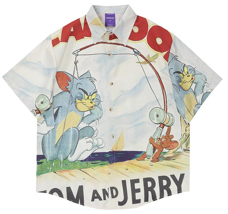 画像1: tom and jerry print aloha shirt short sleeve shirt 　 ユニセックス男女兼用トムとジェリートム＆ジェリープリント半袖 アロハシャツ (1)
