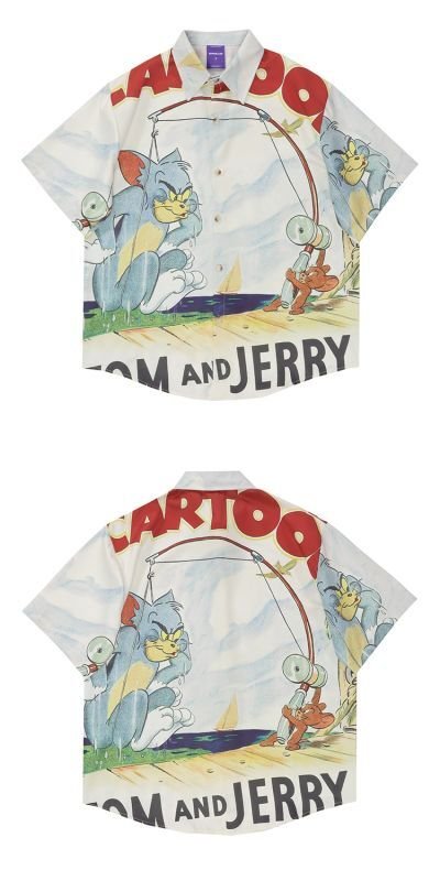 画像3: tom and jerry print aloha shirt short sleeve shirt 　 ユニセックス男女兼用トムとジェリートム＆ジェリープリント半袖 アロハシャツ (3)