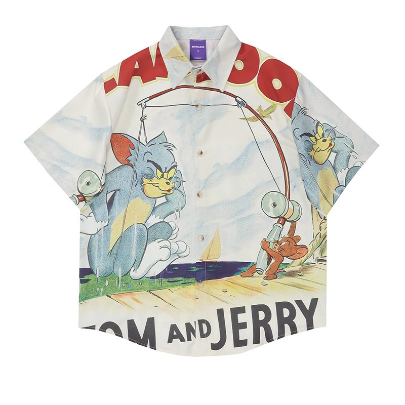 画像5: tom and jerry print aloha shirt short sleeve shirt 　 ユニセックス男女兼用トムとジェリートム＆ジェリープリント半袖 アロハシャツ (5)