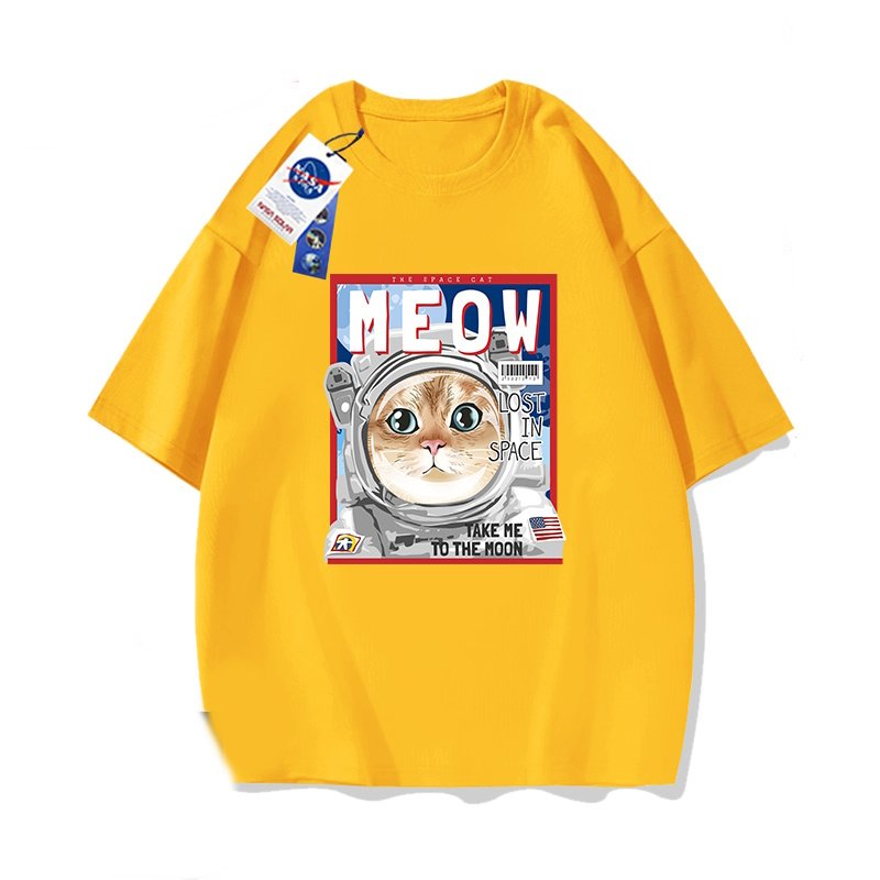 画像6: NASA×MEOW×Cat printed round neck short sleeve T-shirt 　 ユニセックス男女兼用ナサ×MEOW×キャット宇宙飛行士プリント半袖 Tシャツ (6)