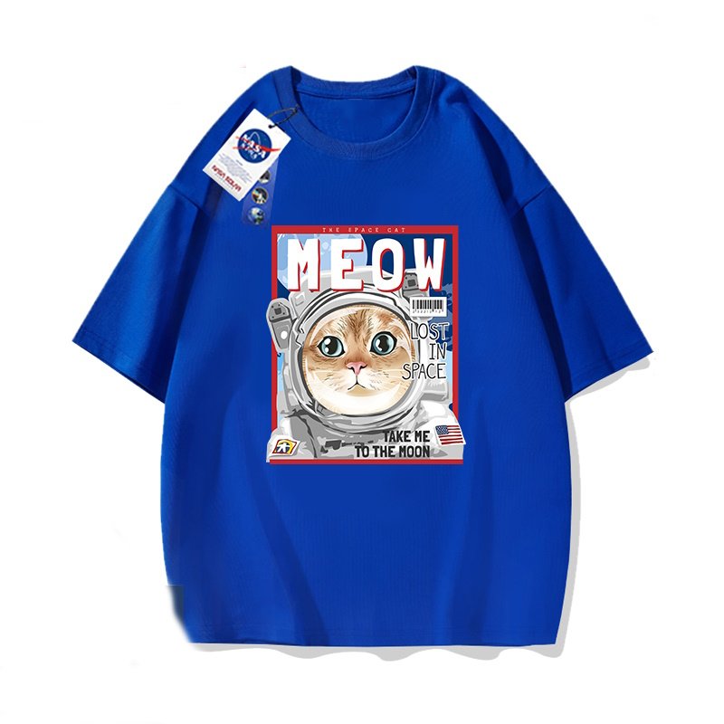 画像2: NASA×MEOW×Cat printed round neck short sleeve T-shirt 　 ユニセックス男女兼用ナサ×MEOW×キャット宇宙飛行士プリント半袖 Tシャツ (2)