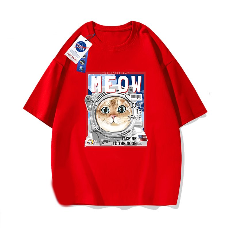 画像4: NASA×MEOW×Cat printed round neck short sleeve T-shirt 　 ユニセックス男女兼用ナサ×MEOW×キャット宇宙飛行士プリント半袖 Tシャツ (4)