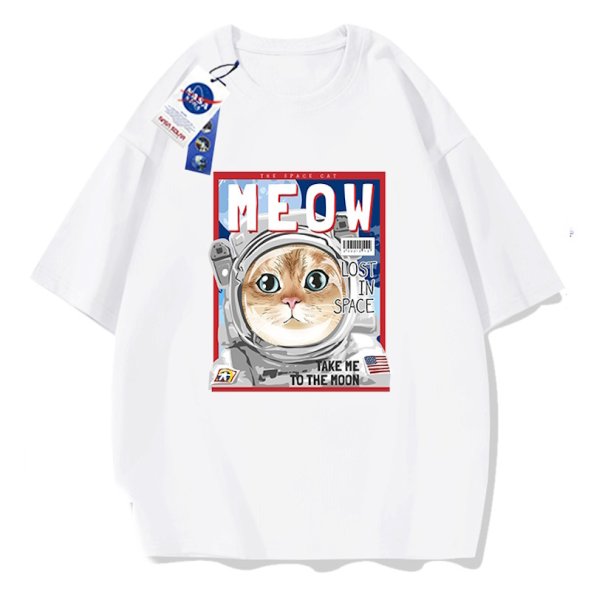 画像1: NASA×MEOW×Cat printed round neck short sleeve T-shirt 　 ユニセックス男女兼用ナサ×MEOW×キャット宇宙飛行士プリント半袖 Tシャツ (1)