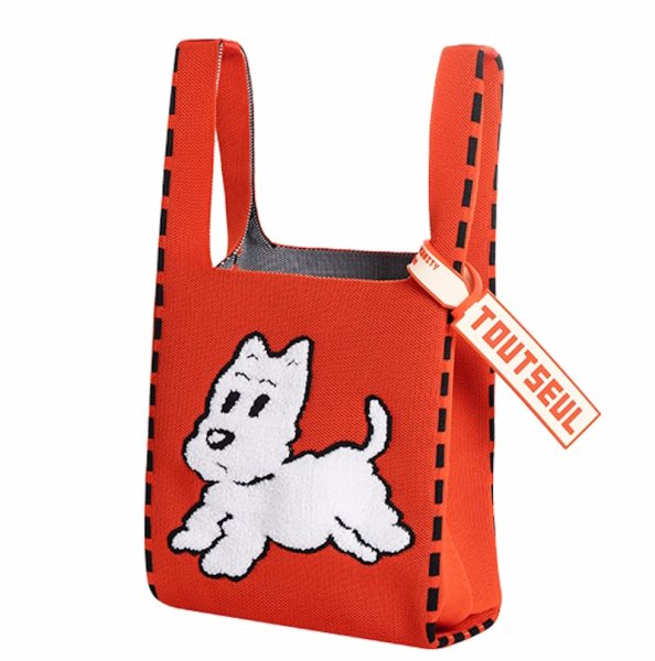 画像1: cartoon puppy knitted tote shoulder bag　パピー子犬編み込みニットトートバッグ　通学 通勤 ショッピング (1)