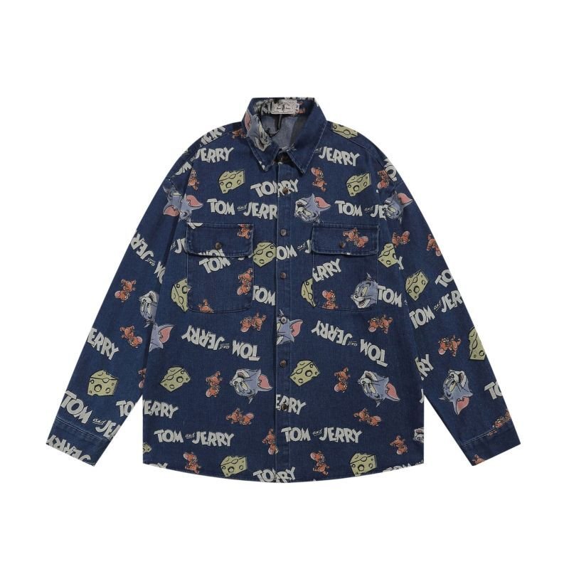画像1: Unisex Vintage Design Tom and Jerry Denim Shirt  男女兼用 ユニセックス ヴィンテージ デザイン トムとジェリー　デニム　総柄　シャツ (1)