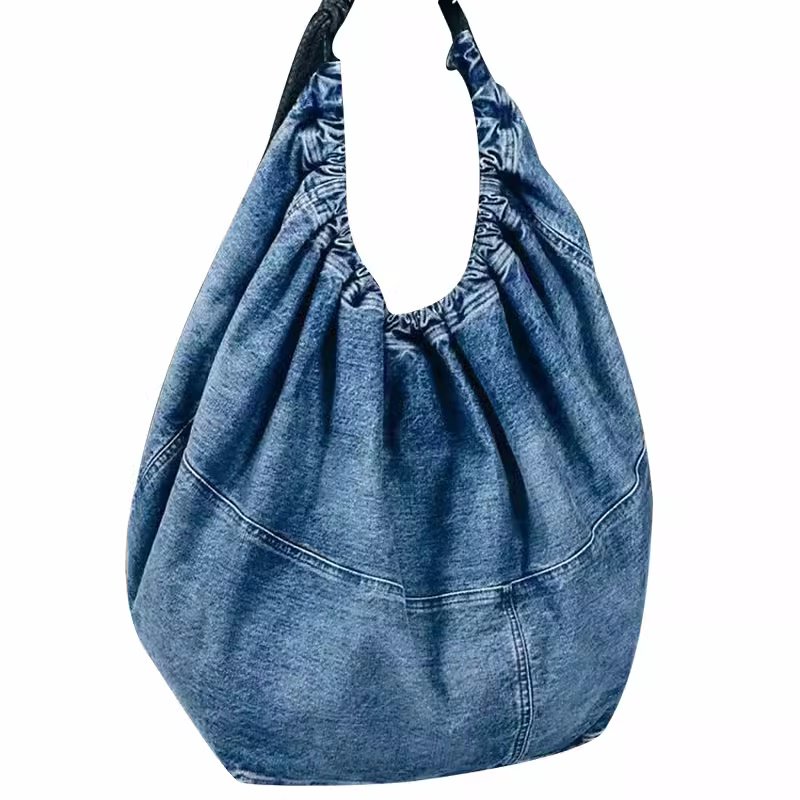画像6: catwalk large capacity garbage denim pleated shoulder tote bag キャットウォークデニムラージキャパシティーショルダートートショッピング通学 通勤  (6)