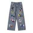 画像1: Unisex Vintage Design Mickey Mouse with friends Embroidery Emblem Denim Pant 男女兼用 ユニセックス ヴィンテージ デザイン ミッキーマウス　フレンズ　スマイル　刺繡　エンブレム　デニム　パンツ　ジーンズ (1)