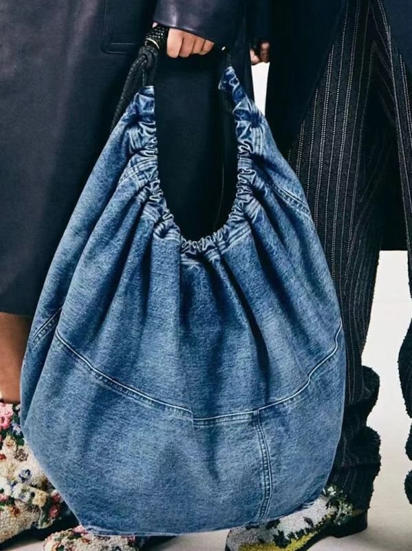 画像2: catwalk large capacity garbage denim pleated shoulder tote bag キャットウォークデニムラージキャパシティーショルダートートショッピング通学 通勤  (2)